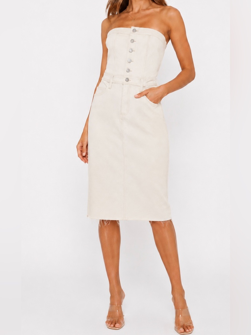 Sincerely Jules Strapless Denim Dress Cream Womens M Raw hem NWT Neutral